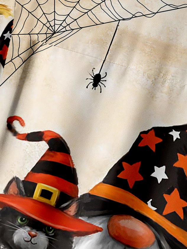 Halloween Gnomes and Cat Chest Pocket Short Sleeve Casual Shirt